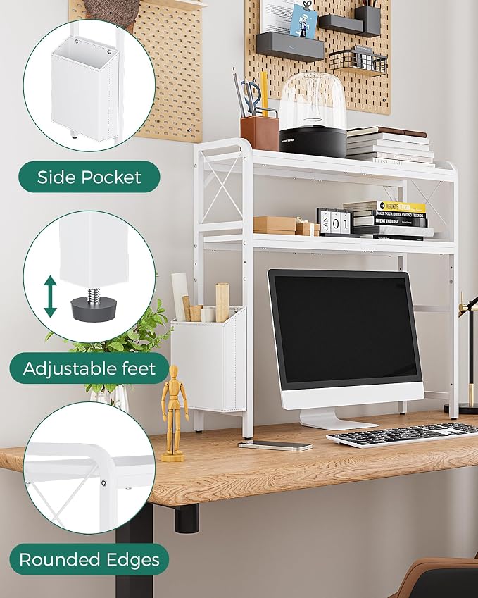 Desk Hutch Dorm with Adjustable Shelves and Side Pockets | 2-Tier Desktop Bookshelf Organizer, Monitor Stand, Large-Capacity Display Shelf Rack for Home Office or Study, White