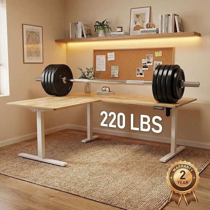 Grandder 63 x 55 Inch L Shaped Standing Desk, Electric Height Adjustable Corner Stand Up Desk, Sit Stand Corner Table Home Office Table, Oak Top White Frame