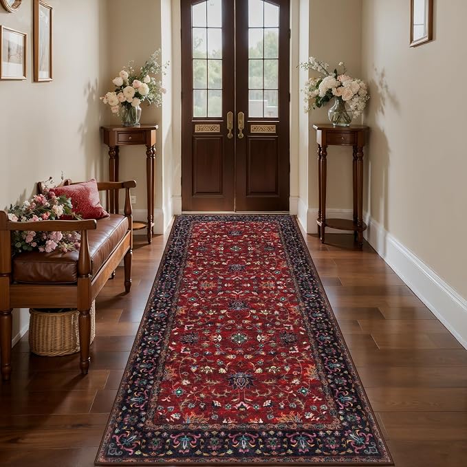 Tangsoo 2x6 Washable Runner Rugs for Hallways Non Slip, Vintage Floral Boho Runner Rug for Entryway Indoor, Red Print Carpet Runner, Soft Low Pile Rug Runner for Kitchen Bedroom