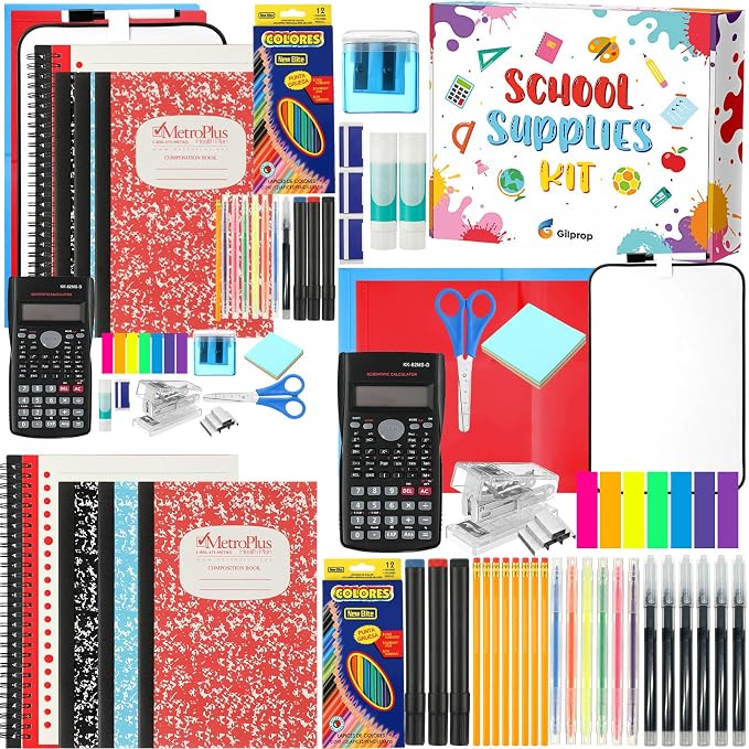 Gilprop 1 Set School Supply Kit 97 Pcs Per Set Back to School Essentials Bundle Pencils Scissors Glue Highlighter Marker Pen Notebook Eraser Sharpener Calculator Stapler for Middle High Students