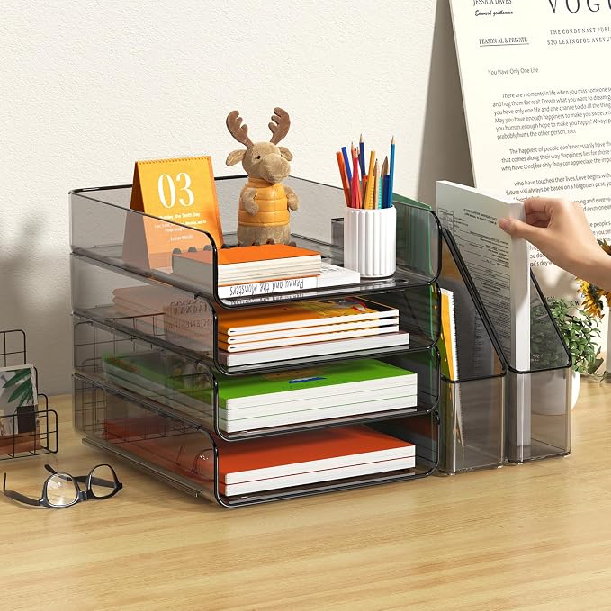 FANXIYQ 4-Tier Brown Acrylic Paper Tray Organizer with 2 Bookends | Tool-Free Stackable 1-4 Tier Design with 2 Bookends for Files, Folders and A4 Paper; For School, Home Office and Study Room