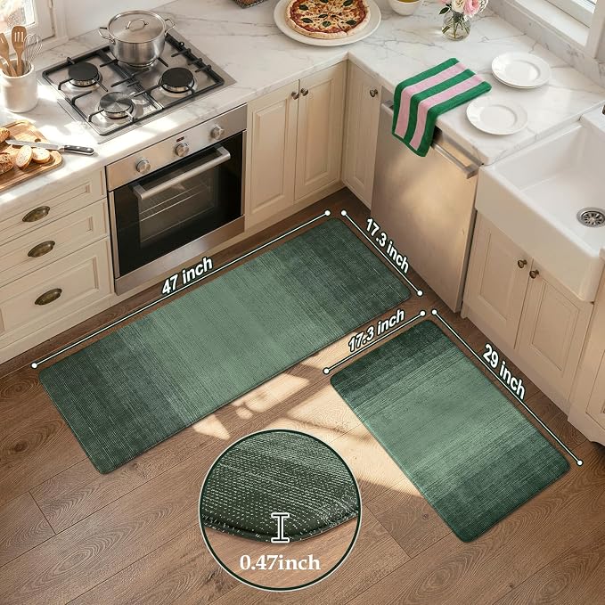 KIMODE Anti Fatigue Kitchen Mats for Floor,Farmhouse Kitchen Rugs Sets of 2 | Green Spring Kitchen Decor,Paded Kitchen Floor Mats,Memory Foam Standing Mat for Laundry Office Desk Dorm RV 17"x47"+17"x29"