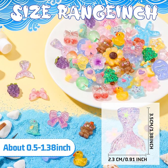 Giegxin 40 Pcs Colorful Slime Resin Charm Bear Peacock Flower Fruit Lollipop Flatback Cabochon Accessories Cute Embellishments Bulk for Jewelry Cellphone Case Scrapbooking Headband DIY Craft Making