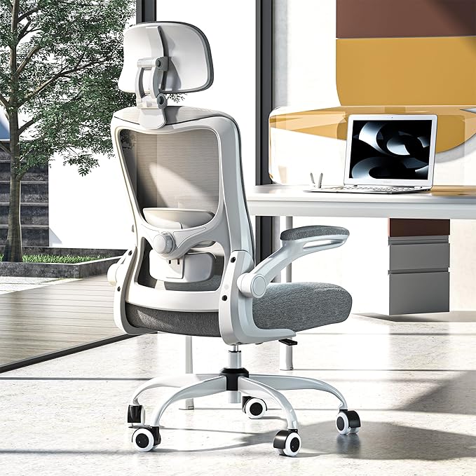Ergonomic Office Chair, High Back Mesh Desk Chair with Adjustable Lumbar Support & Headrest, Flip-up Armrest, Computer Task Chairs for Home and Executive Office (W-Dgrey)