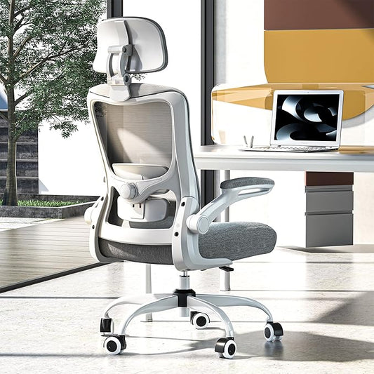 Ergonomic Office Chair, High Back Mesh Desk Chair with Adjustable Lumbar Support & Headrest, Flip-up Armrest, Computer Task Chairs for Home and Executive Office (W-Dgrey)