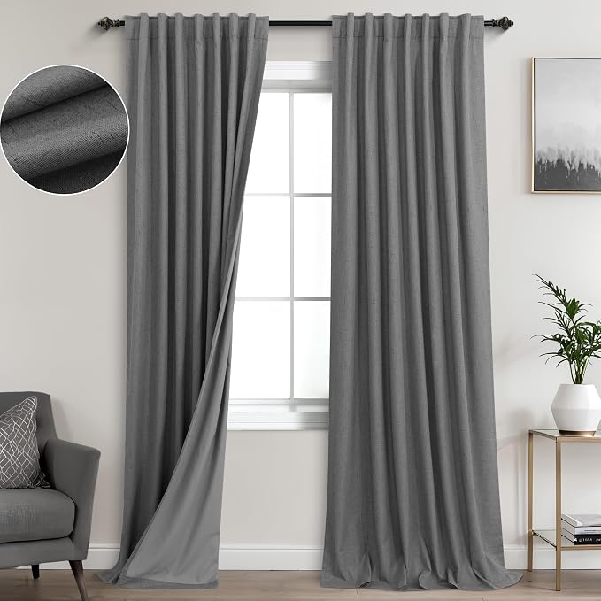 KOUFALL 102 Inch Long Curtains, Grey Blackout Linen Black Out Pleated Curtains for Bedroom Living Room, 2 Panels Set, Dark Gray