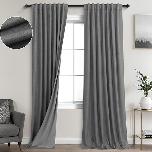 KOUFALL 108 Inch Long Soundproof Blackout Curtains 9FT 9 FT Dark Grey Linen Black Out Pleated Sound Proof Curtains for Movie Theater Living Room 2 Panels Set