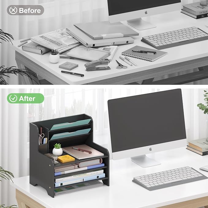 Bamboo File Organizer for Desk, Desktop Paper Tray and Mail Holder | Three open tiers keep A4/letter paper, folders, bills and mail sorted, visible and easy to reach while saving desk space