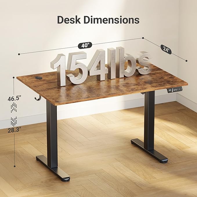 Claiks Electric Standing Desk, Adjustable Height Stand up Desk, 40x24 Inches Sit Stand Home Office Desk with Splice Board, Black Frame/Rustic Brown Top
