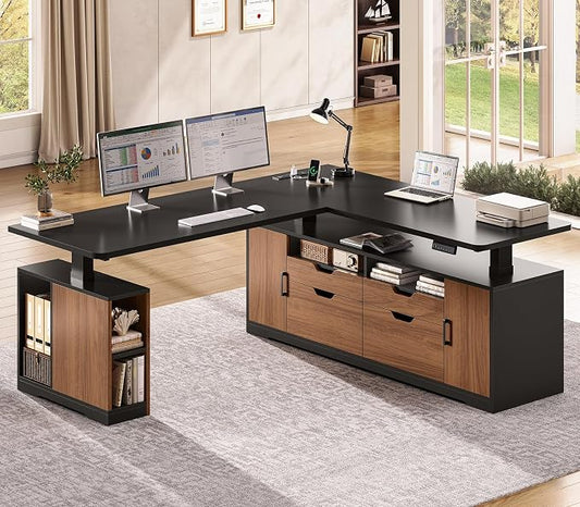 SEDETA L Shaped Electric Standing Desk, 69" x 55" Height Adjustable Office Executive Desk with 4 Drawers and Storage Shelves, Fluted Sit Stand Computer Desk with Power Outlet (Modern Black+ Brown)