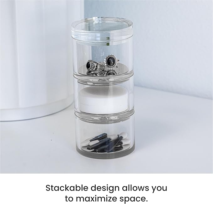3-Tier Stackable Acrylic Holder- Stylish Desk Organizer and Storage for Office or Home – Transparent Round Design with Silver Metal Base