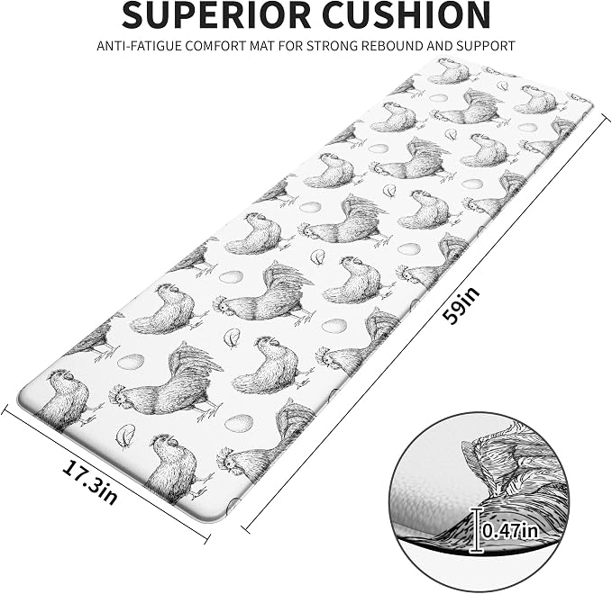 Farmhouse Chicken Kitchen Decor Mat, Extra Long Anti Fatigue Mat | Extra Long Coverage,Farmhouse Chicken Pattern,Cushioned Comfort,Non-Slip Backing,Waterproof Surface,Easy Clean,Kitchen Island
