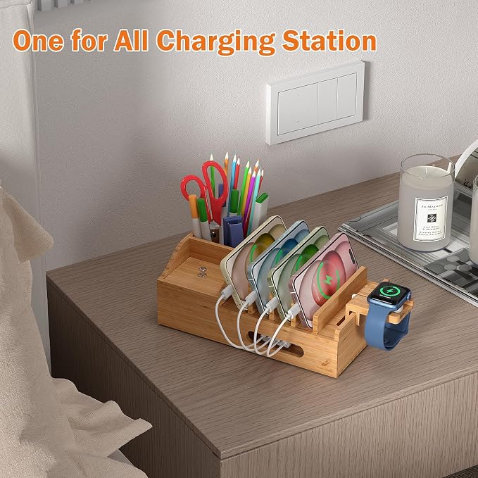 Bamboo Charging Station for Multiple Devices with USB Charger, 5 Cables | Pezin & Hulin Wood Desktop Dock Stations with Smart Watch Holder, Electronic Organizer for Cell Phone, Tablet, Watch