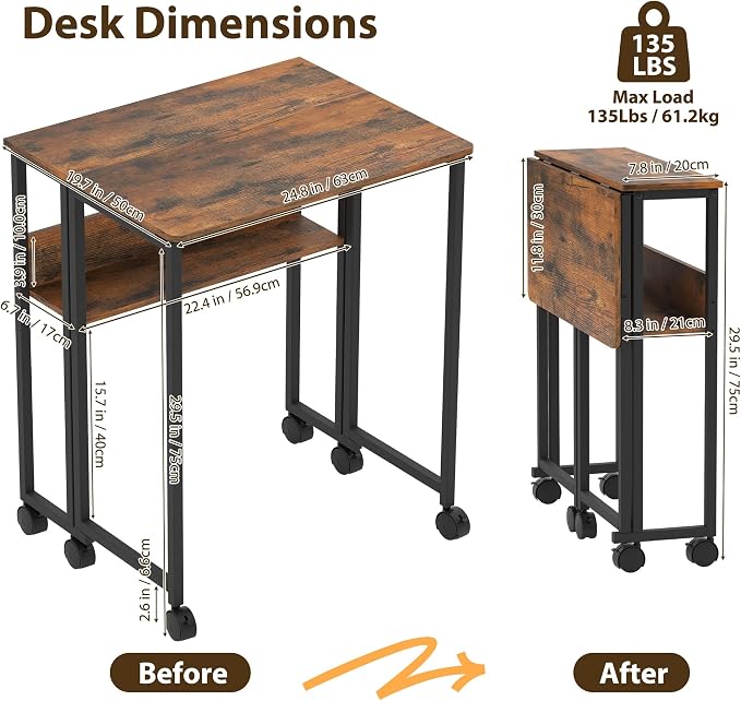 Folding Desk with Storage Shelf, 24.8 Inch Foldable Computer Table with Wheels for Small Spaces,Space Saving Sofa Table for Couch, Rolling Writing Work Office Computer Desk, Easy to Fold,Walnut