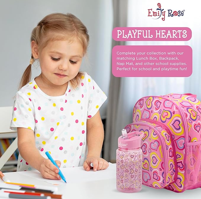Emily Rose Girls School Set 3-PC Complete Bundle - Insulated Lunch Box + Backpack + Water Bottle with Notebook & Pencils - Ages 3-7 Back to School Supplies BPA Free Pink Hearts