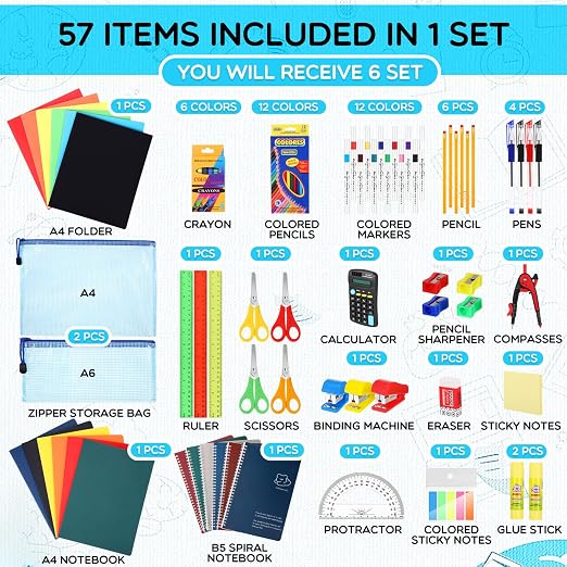 SATINIOR 6 Set Back to School Student Supplies Bulk Set Middle High College Student Supplies Essentials with Folders Notebooks Pens Calculator for Gift Donation