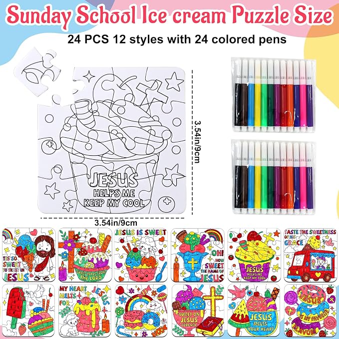 24 Sets Religious Sunday School Crafts for Kids Bulk, Christian VBS Craft Puzzle Ice Cream Bible Jesus Loves, Summer DIY Arts for Classroom Activities, Back to School gifts, Coloring Games Supplies