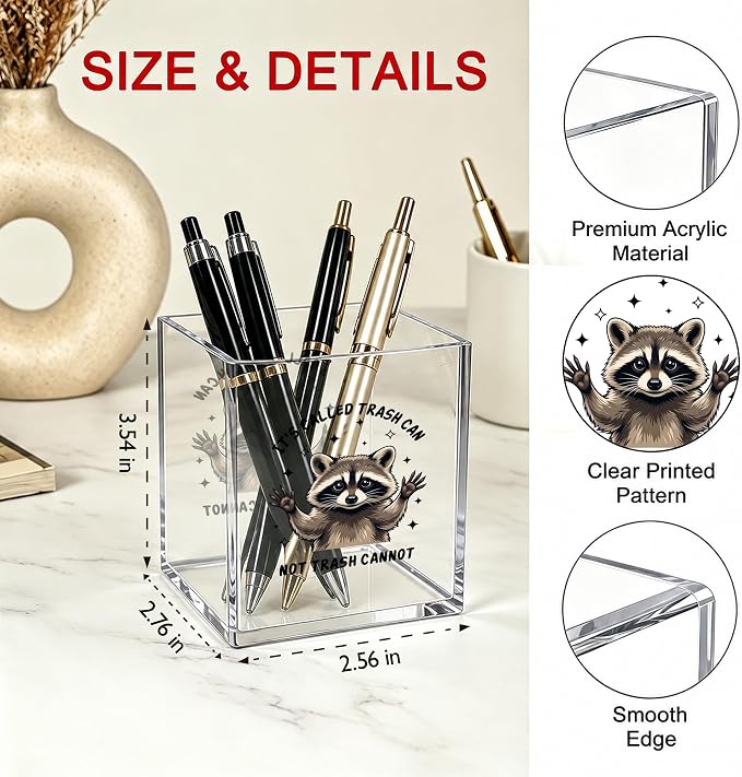 Funny Raccoon Office Acrylic Cosmetic Pen Pencil Holder Cup, Trash Can Not Trash Cannot Cute Pencil Organizer, Unique Desk Accessories, Motivational Gifts for Women Men Coworker（A31）