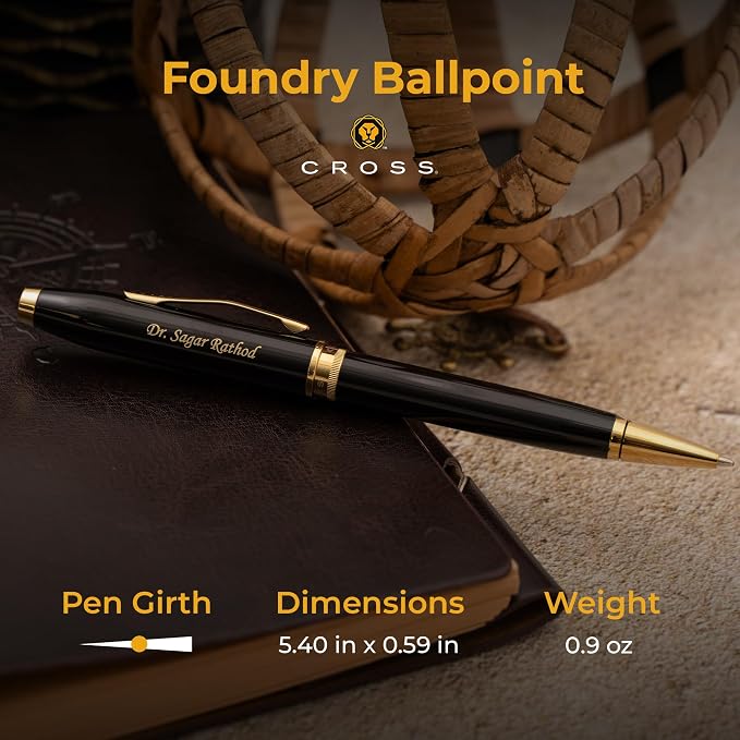 Personalized Cross Foundry Ballpoint Pen | Engraved Black Lacquer with PVD Gold Appointments | Executive Cross Ballpoint for Senior Executives, Corporate Awards, and Milestone Occasions