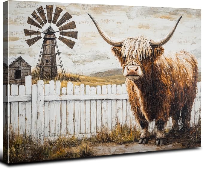 Farmhouse Highland Cow Wall Art Windmill Barn Pictures Western Wall Decor for Kitchen Living Room Country Farm Animals Canvas Paintings Rustic Landscape Poster Prints Artwork Cabin Decorations 12x16"