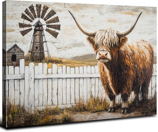 Retro Highland Cow Wall Art for Living Room Country Barn Pictures Wall Decor Fall Windmill Scenery Canvas Painting Western Decor Wildlife Poster Prints Artwork Farmhouse Kitchen Decorations 16x24"