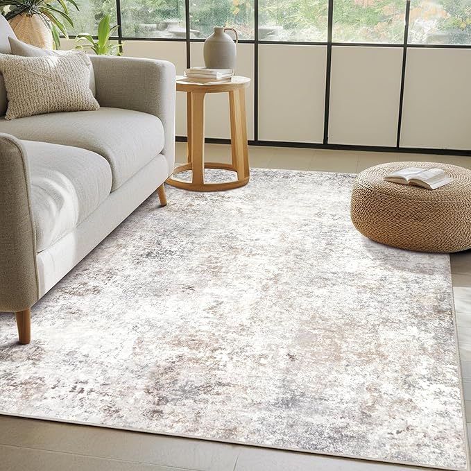 Srugn Washable Rugs 4x6 Area Rugs for Living Room,Bedroom,Kids Room,Nursery- Soft Faux Wool Small Carpets,Non Slip&Non-Shedding Low Pile Vintage Print Rugs for Enterway,Home Office Decor-Beige Grey