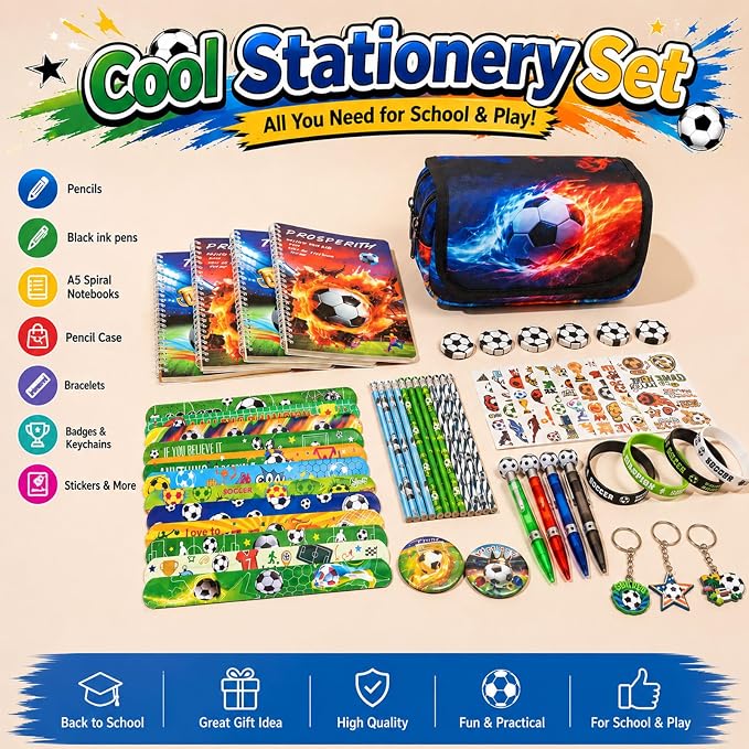 DIGOBAY 61PCS Soccer School Supplies Set for kid Boys, Teen Back to School stationery Supplies with Pencil Case Drawstring Bag Spiral Notebooks Pens Pencils Tattoos Wristbands Gift Box