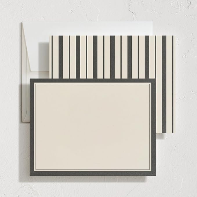 Minted Formal Initials Stationery Set, Set of 10, Flat Note Cards & Envelopes for Invitiations and Handwritten Thank You Messages, Black & Cream Stripes Design, Gifts for Women, Luxurious Paper