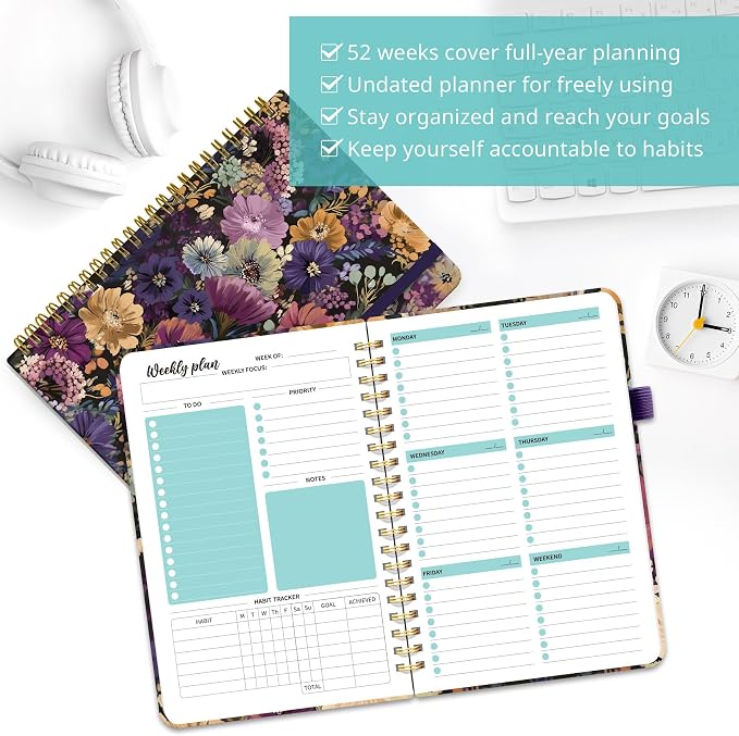 Taja Undated Weekly Planner, Weekly To Do List Notebook with Goal & Habit Tracker Organizer, A5 Weekly Planner Notebook with Spiral Binding, 6.1" x 8.2" - Midnight Bloom