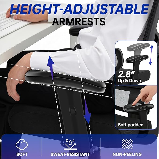 Ergonomic Office Chair, High Back Mesh Computer Chair with Comfortable Adaptive Lumbar Support, Built-in Coat Hanger, SGS Class 4 Gas Lift, Heavy Duty 300lbs for Long Hours Home Office, Black