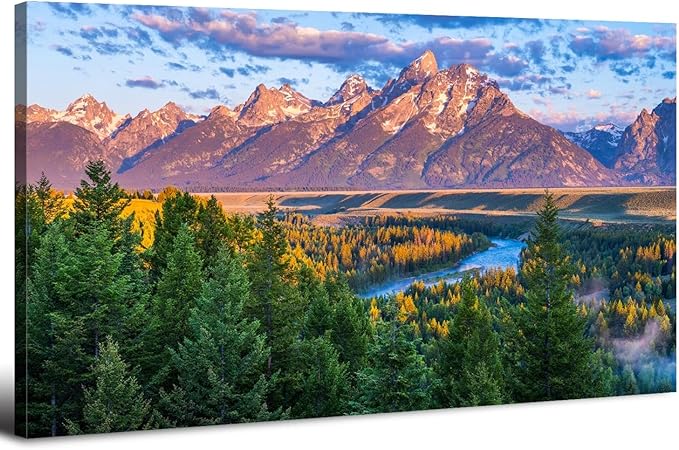 AIYISU Grand Teton Mountain Wall Art Sunset Nature National Park Posters Oxbow Bend Snake River Landscape Wall Decor Wyoming Scenery Painting Artwork for Living Room Office Home Decoration 30x60