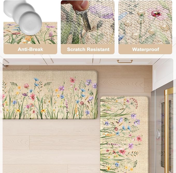 KIMODE Anti Fatigue Mats for Kitchen Floor 17"x59"+17"x29", Farmhouse Floral Kitchen Rugs, Cushioned Memory Foam Kitchen Mats, Comfort Standing Mat for Laundry, Office, Sink, Desk Brown