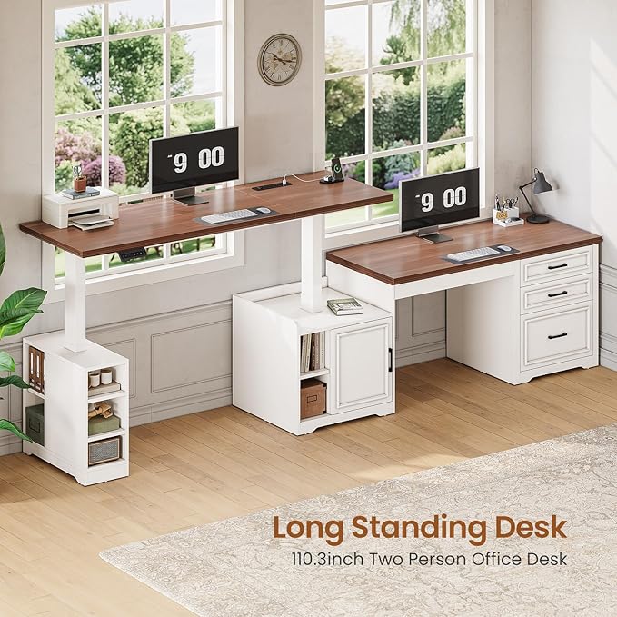 SEDETA Farmhouse L Shaped Electric Standing Desk, 63" x 67" Height Adjustable Home Office Executive Desk with Drawers, Standing Computer Desks with Power Outlet for Home Office, White+Brown