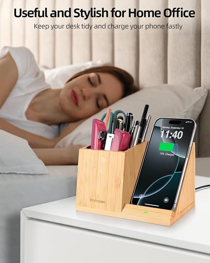 3-in-1 Bamboo Wireless Charger with Desk Organizer, Bamboo Pen Holder for Desk, 15W Fast Wireless Charger with Pen Holder for Home Office Supplies, Compatible with iPhone and Samsung