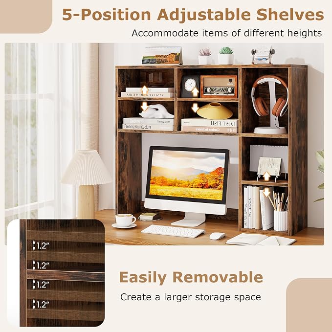 Tangkula Desktop Bookshelf, 37" Countertop Storage Hutch with 7 Cubes & 3 Adjustable Shelves, 3-Tier Desk Display Rack Organizer, Multipurpose Wood Desktop Hutch for Dorm Home Office (Rustic Brown)