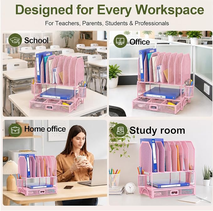 FANXIYQ Metal Desk Organizer with Sliding Drawer, 7-Section File Organizer for Desk, Desktop File Folder & Paper Organizer with 2 Hanging Pen Holders, Office Supplies Organizer, Pink
