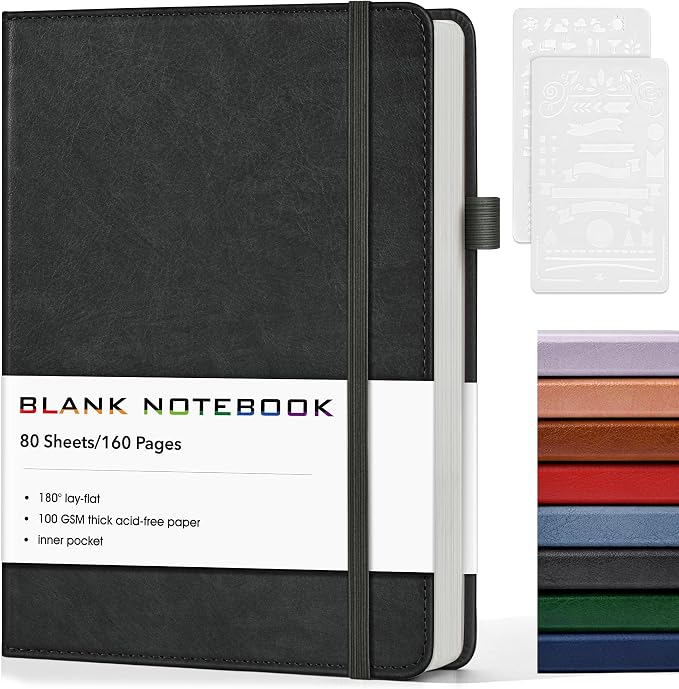 Journal Notebook, A5 Leather Hardcover Blank Sketchbook, 160 Pages, 180° Lay-Flat Binding, 100 GSM Thick Paper, for Sketching, Drawing, Art Journaling & Creative Writing (Black)