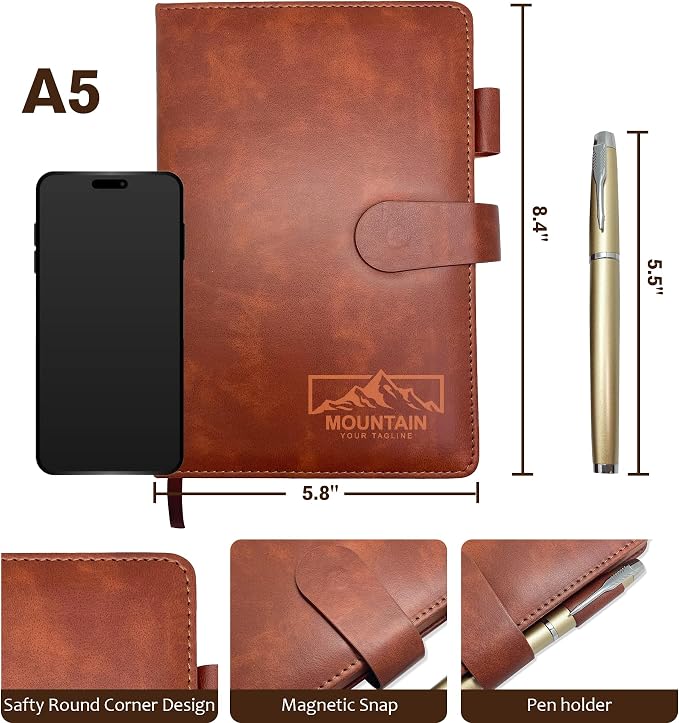 Personalized Notebook with Pen and Gift Box, Custom Logo Leather Journal, Gifts for Women Men, Engraved Journals To Write In, Birthday, Best Friend, Mom, Sister, Corporate, Business Gift (Logo-Brown)