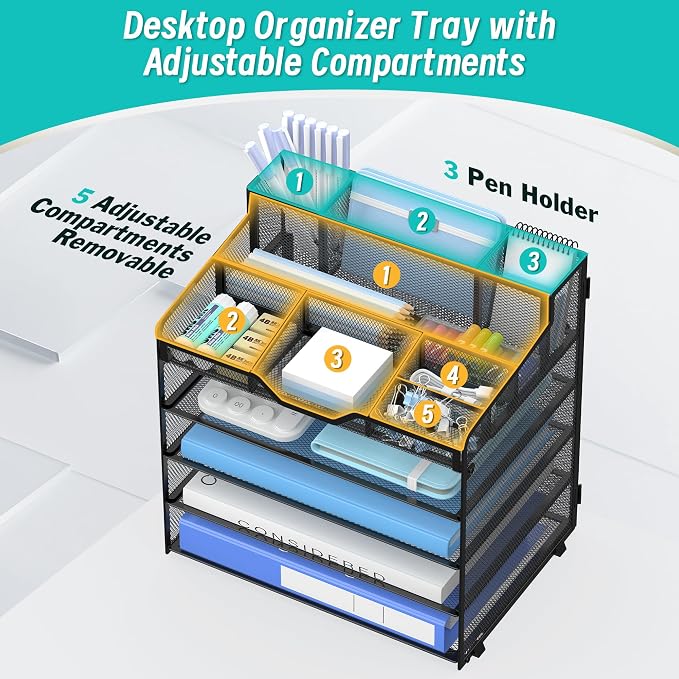 5 Tier Mesh Paper Desk Organizer with Pen Holders, Black | Features 3 pen holders, and 5 adjustable compartments for office school home desk storage