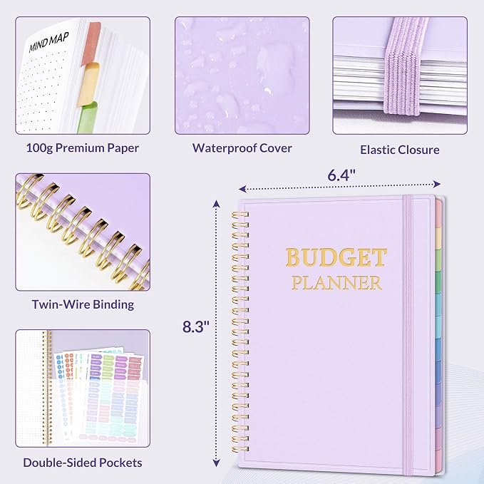 SUNEE Budget Planner - Monthly Budget Book with Expense Tracker Notebook, Undated 12 Month Bill Organizer & Finance Planner to Manage Your Money, A5(6.4" x 8.3") Account Book with Colorful Tab, Purple