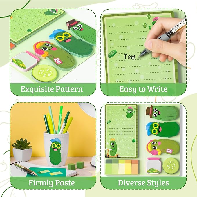 B1ykin Cute Sticky Notes Set - Just A Girl Who Loves Pickles Self-Stick Notes Pad, 550 Sheets Writing Memo Pages Sticky Notepad for Teacher Appreciation Gifts, School Office Supplies (New Pickles)