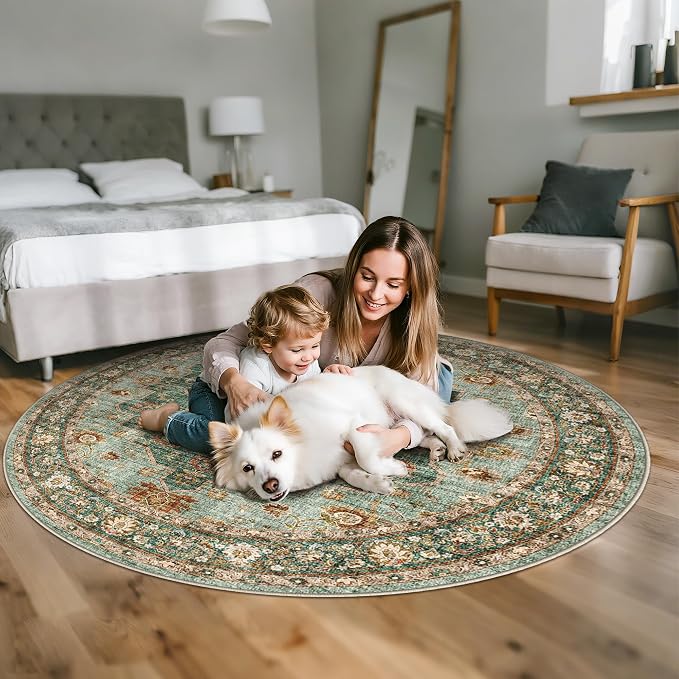 TOPRUUG Washable Oriental Area Rug - 5ft Round Rugs for Living Room Soft Carpet for Bedroom Waterproof Floral Distressed Indoor Stain Resistant Non-Shedding Floor Carpets (Green, 5ft-Round)