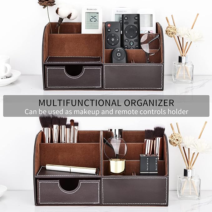 Pu Leather Desk Organizer Pen Pencil Holder Office Supplies Caddy Storage Box 6 Compartments with Drawer Brown