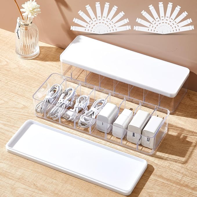 Tatuo 2 Pcs Cord Organizer for Drawer Desktop, Cable Organizer Box with 8 Compartments and Wire Ties, Plastic Charger Storage with Lid, Electronics Case for Home Office Accessories (Small,Clear,White)