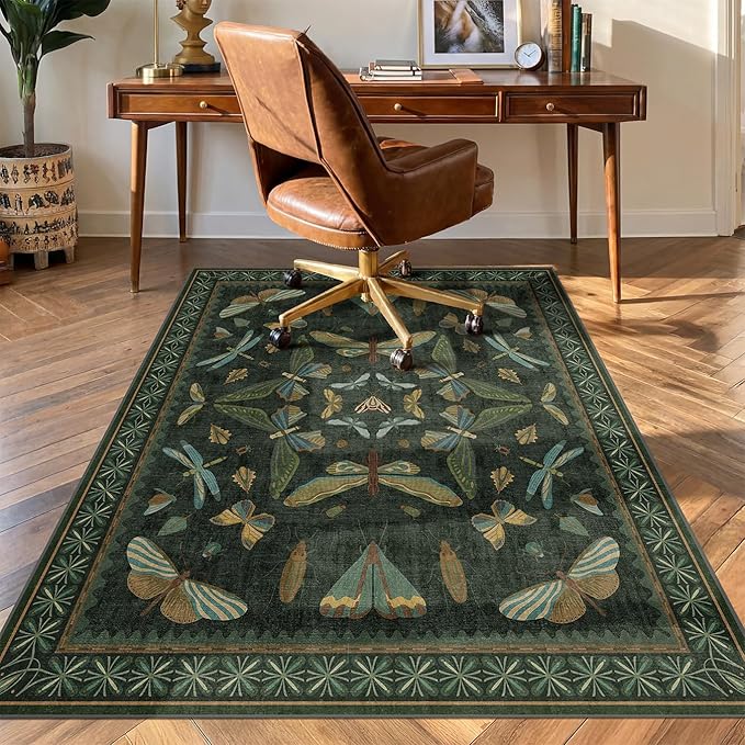 4'x5' Dark Green Office Chair Mat for Hardwood Floors, Insect Boho Design,Non-Slip Low Pile Desk Rug, 48"x60" Small Area Rug for Computer Desk Home Office, Machine Washable WFH Essential for Dorm Room