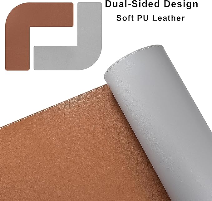 Chihein L-Shaped PU Leather Desk Pad (45.3” + 57.1”) x 15.7”(Brown/Gray), Reversible Corner Desk Mat, Computer Office Mouse pad Writing Table Pad for Home Office