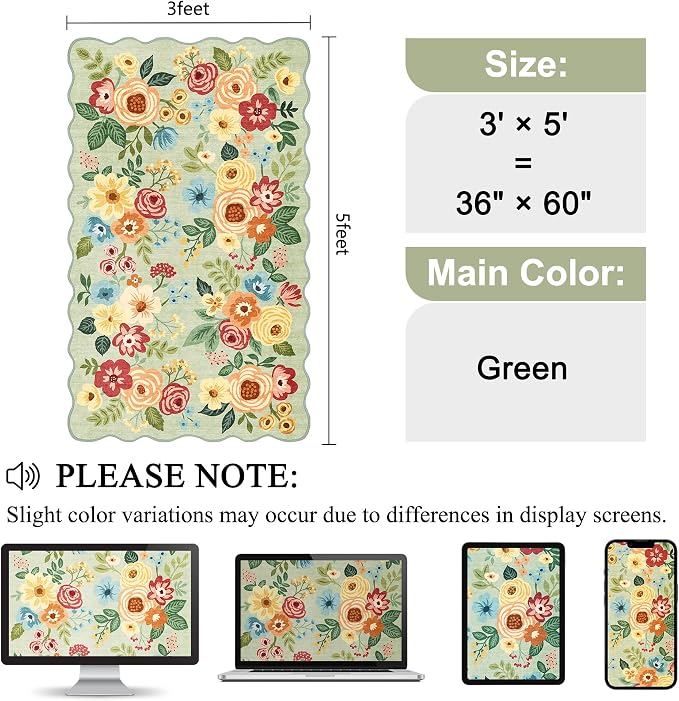 DUKINO 3x5 Area Rug, Floral Non-Slip Indoor Washable Rug with Low Pile & Non-Shedding, Lightwight Boho Design Carpet for Entryway, Bedroom, Kids Room, Living Room, Kitchen, Green