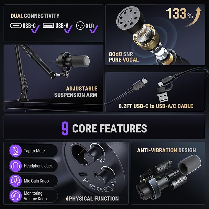 FIFINE K688 Podcast Microphone Kit, USB/XLR Dynamic Microphone with Boom Arm for PC/XLR Mixer, Gaming Mic with Mute Button, Headphone Jack for Vocal, Voice-Over, Streaming, Music Recording -K688CT