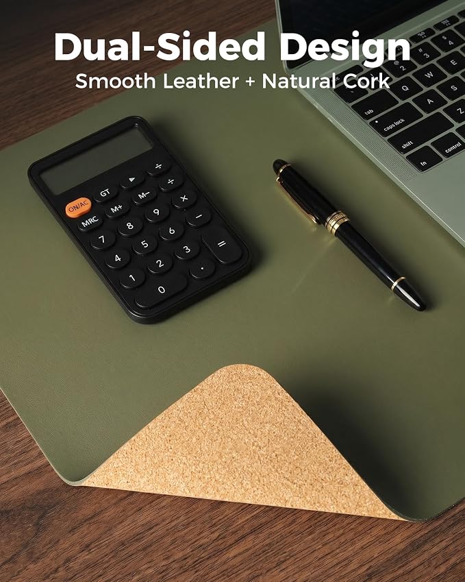 Aothia Dual-Sided Desk Mat - Natural Cork & Leather Desk Protector, Large Mouse Pad & Writing Pad for Office/Home, Olive Green (25.6"x13.7")