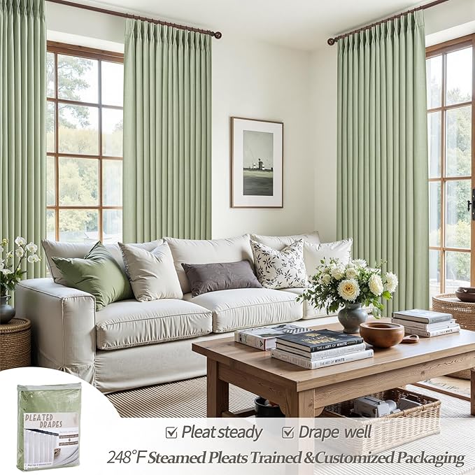 Custom Memory Trained Pleated Office Curtains 78 Inches Long, Light Green Blackout Double Layer Thick Linen Thermal Drapes Noise Reducing Privacy Country Windows Curtain 2 Panels Set Energy Efficient